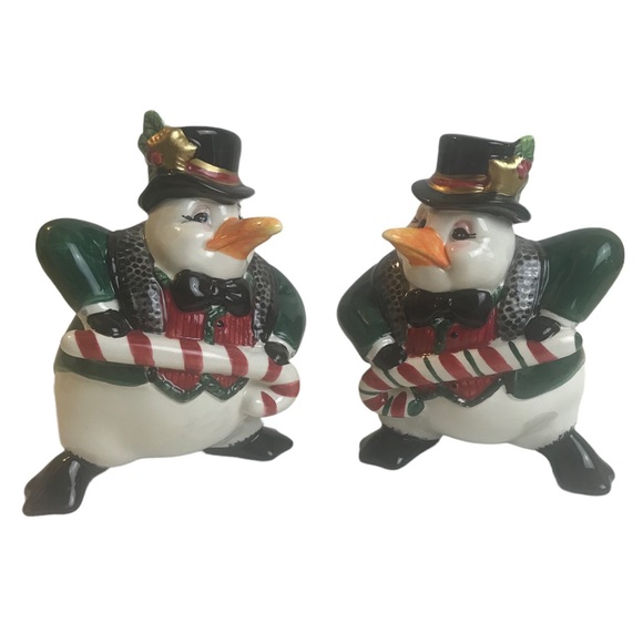 Fitz and Floyd Christmas Salt Pepper Shakers Snow Business Penguins Ceramic Vtg - Picture 1 of 8